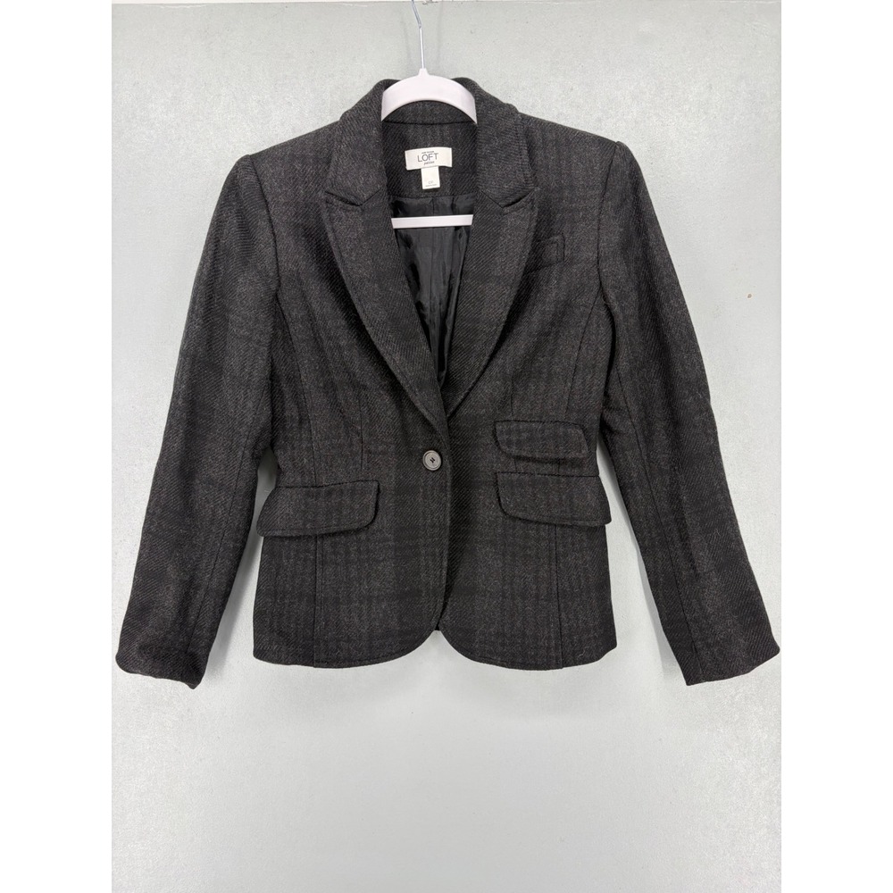 Ann Taylor LOFT Womens Blazer Charcoal Gray Herringbone Wool Blend 0P - Picture 2 of 5